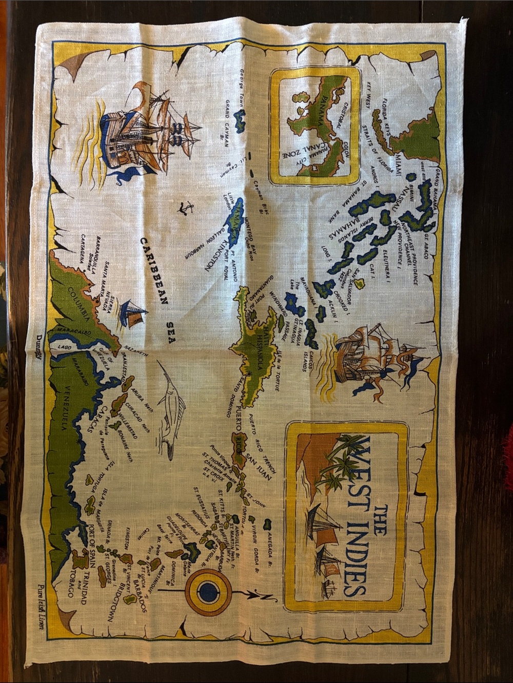 Vintage Style West Indies Map Tea Towel - Nautical Sailboat Print